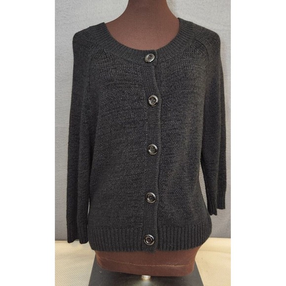 AUGUST SILK Size L Cardigan Black Loose Knit Round Neck Long Sleeve Buttons‎ EUC - Picture 1 of 8